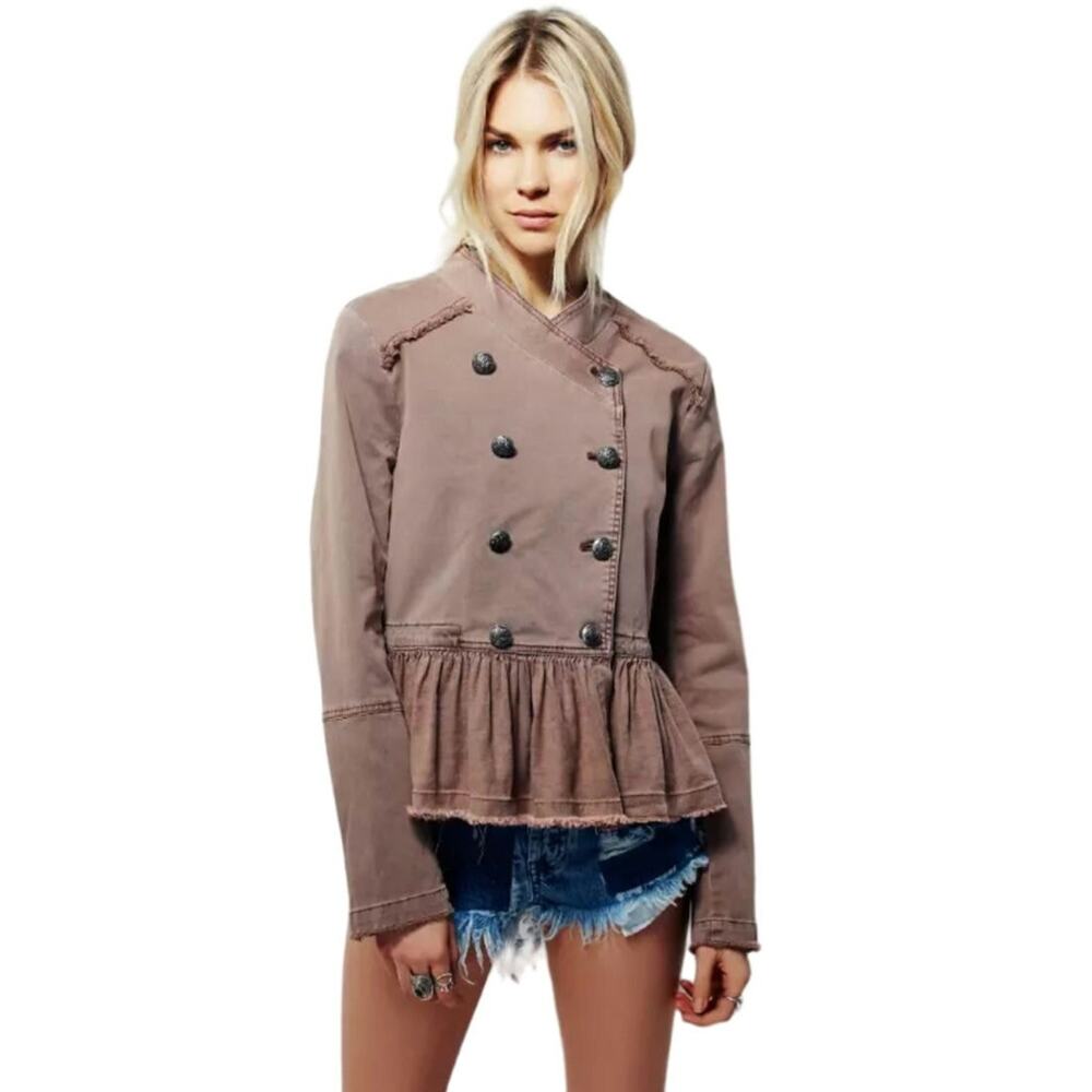 Free People Flared Hem Double Breasted Army Military Jacket Olive Brown Small